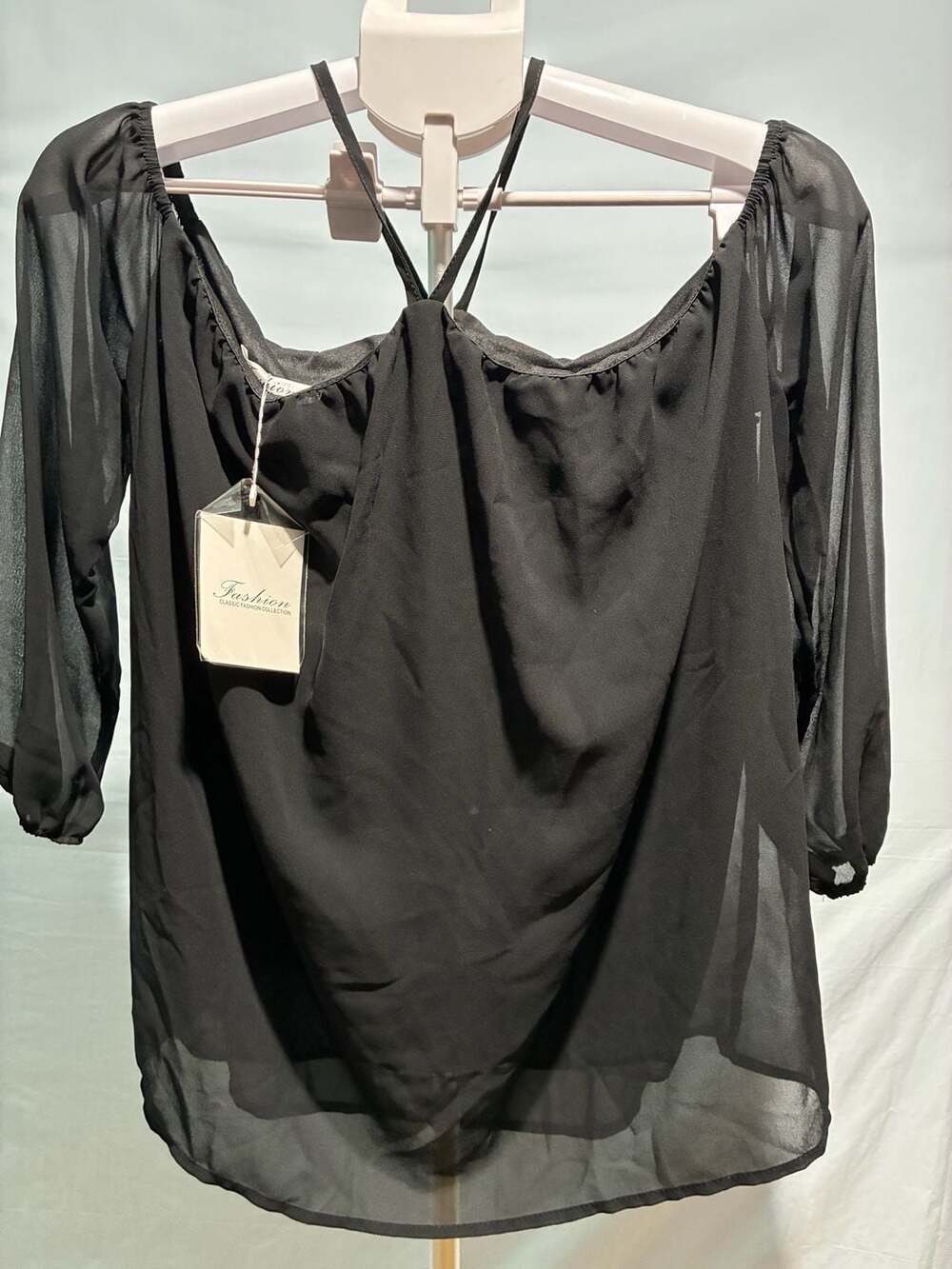 Fashion Classic Collection Black Chiffon Halter Off-the-Shoulder Blouse Size M